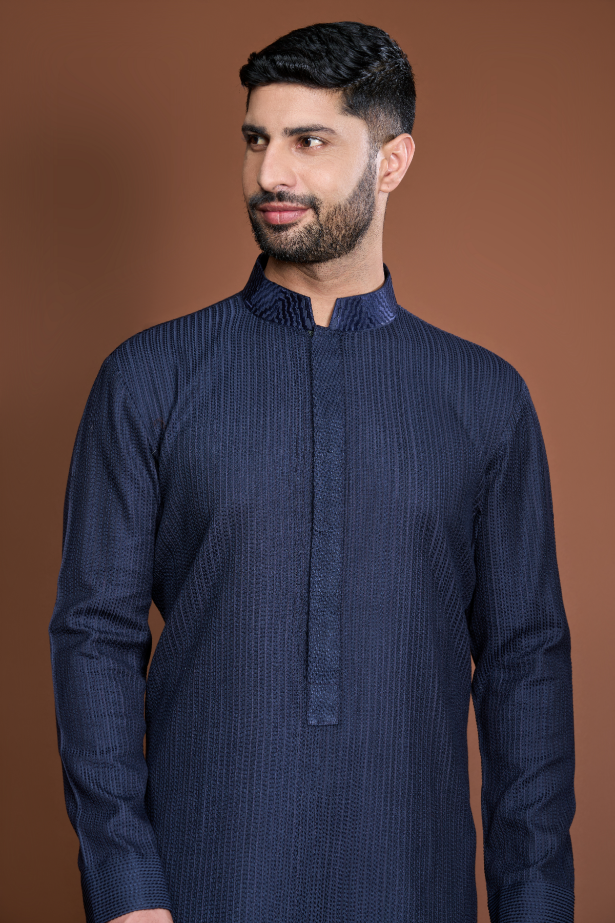 Dark blue pintucks and thread texture kurta set