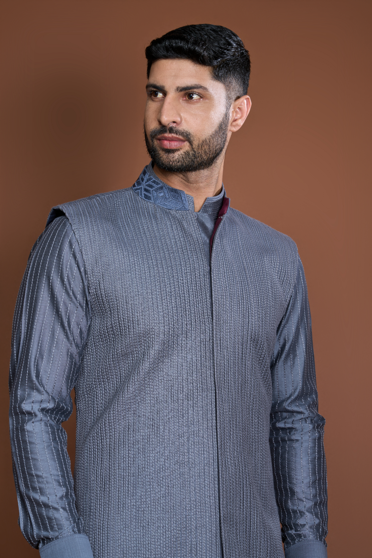 Grey pintucks and thread texture bandi kurta set