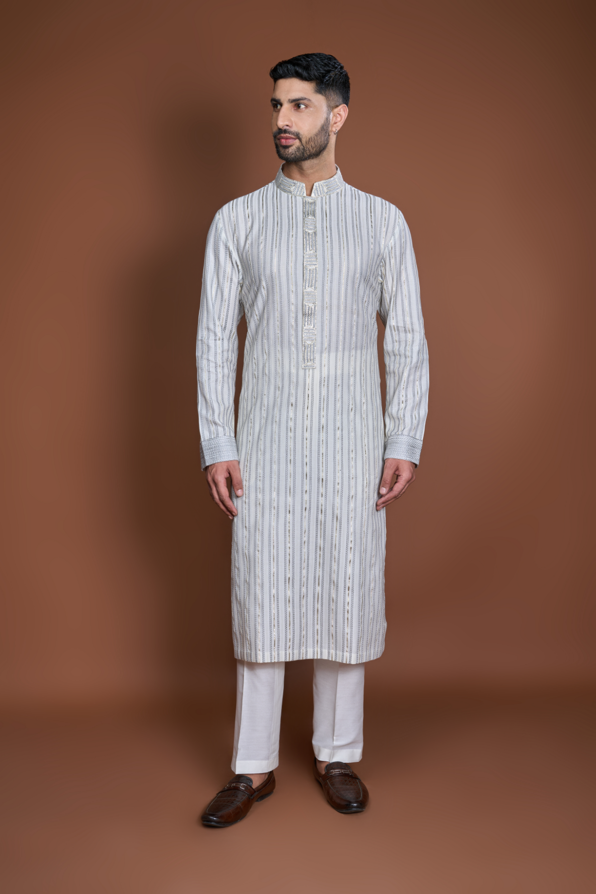 Off white with grey thread and zari texture kurta set