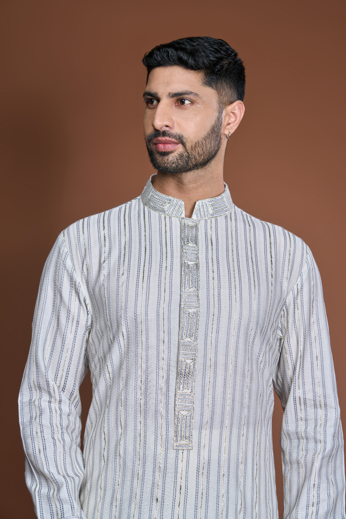 Off white with grey thread and zari texture kurta set