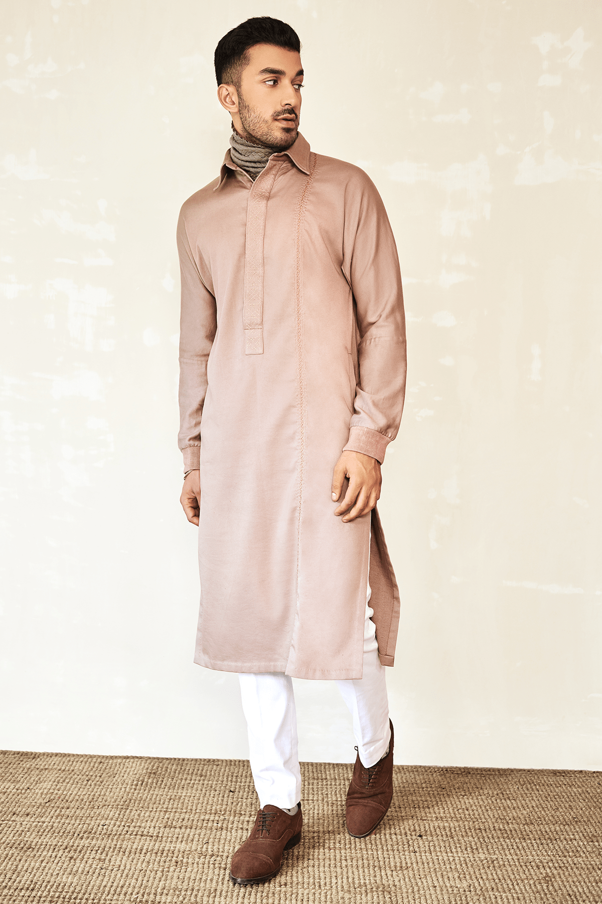 Beige Kurta with Grey Mock Polo Neck Band & Off-white Trousers - Kunal Anil Tanna