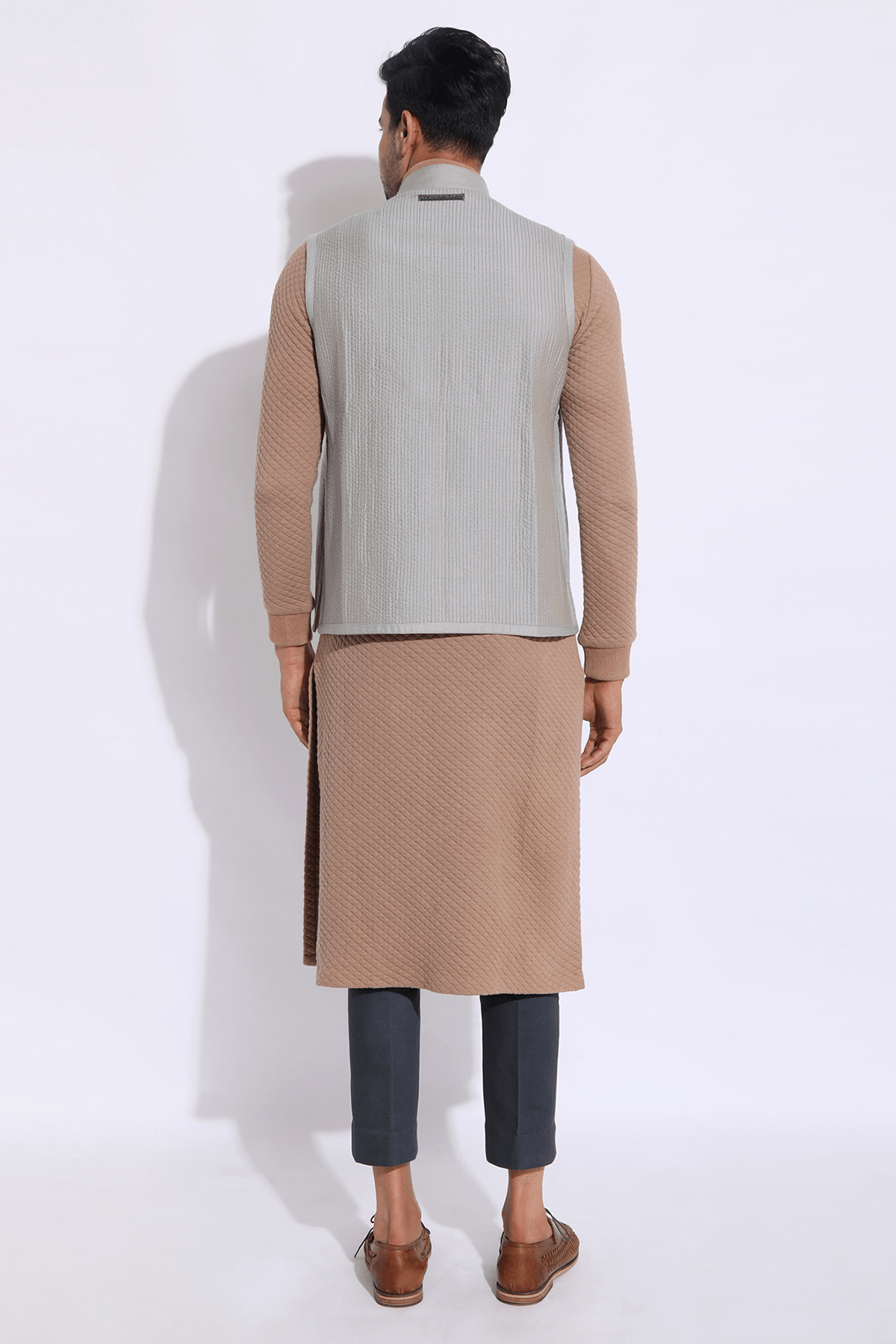 Beige Textured Bandi Jacket with quilted Polo Neck Kurta & Trousers - Kunal Anil Tanna