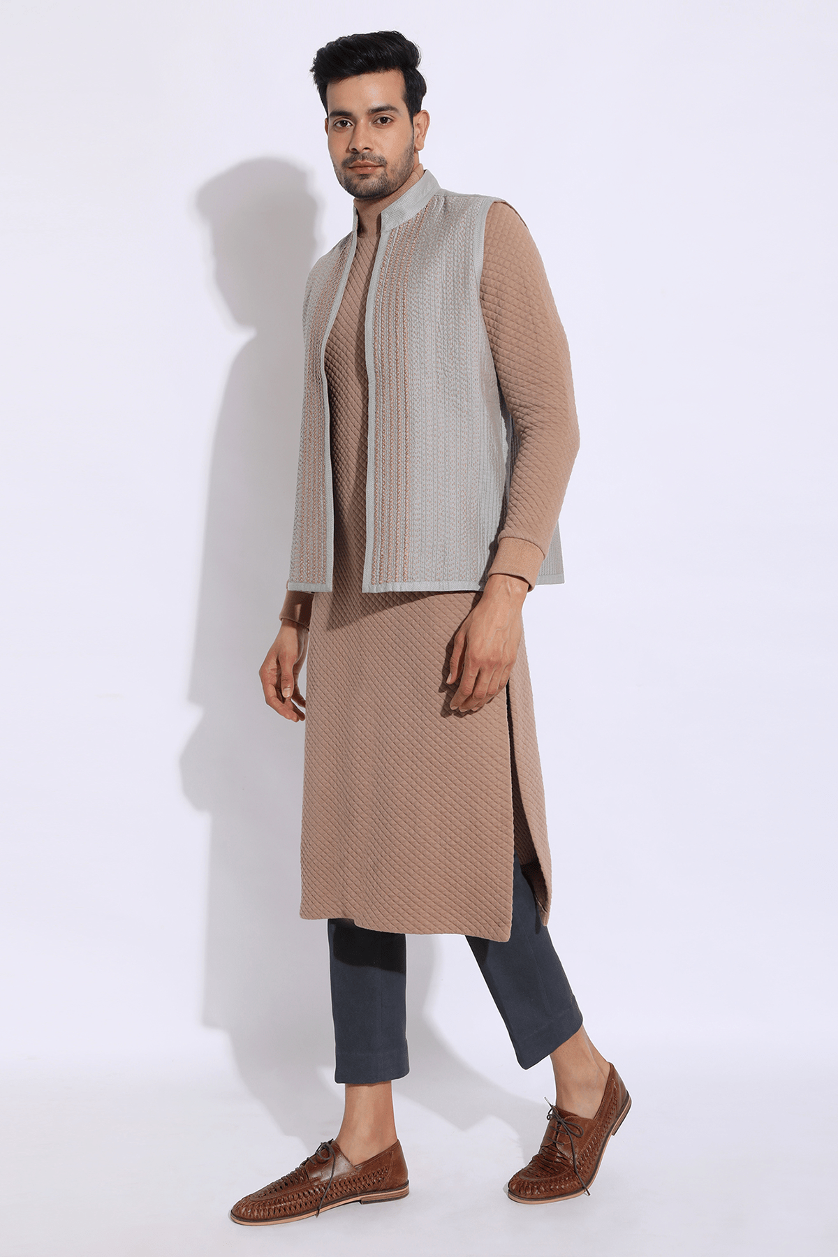 Beige Textured Bandi Jacket with quilted Polo Neck Kurta & Trousers - Kunal Anil Tanna