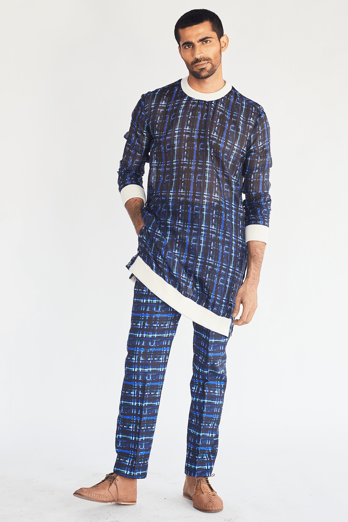 Mesh Print Pullover Kurta and Trousers - Kunal Anil Tanna