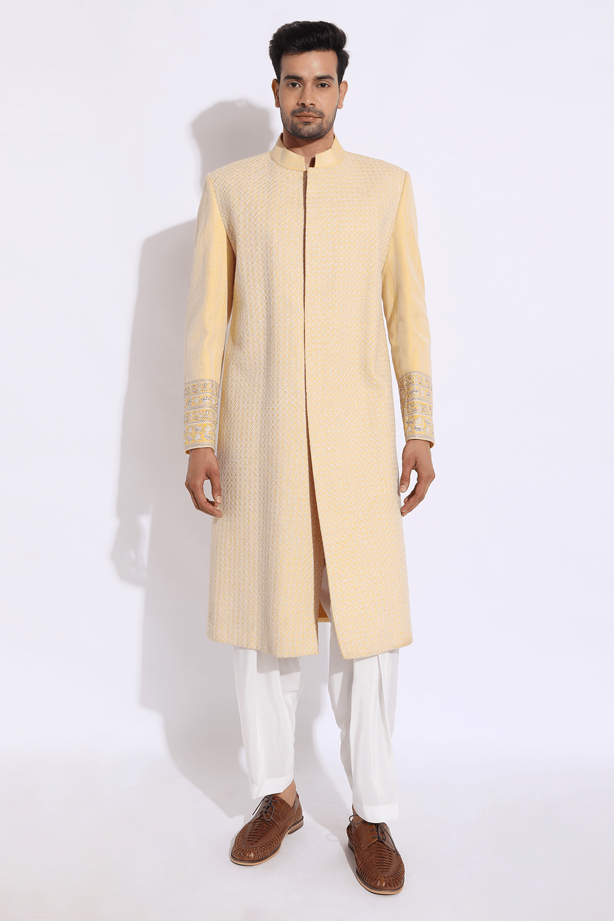 Light Yellow with Ivory Texture Sherwani Set - Kunal Anil Tanna