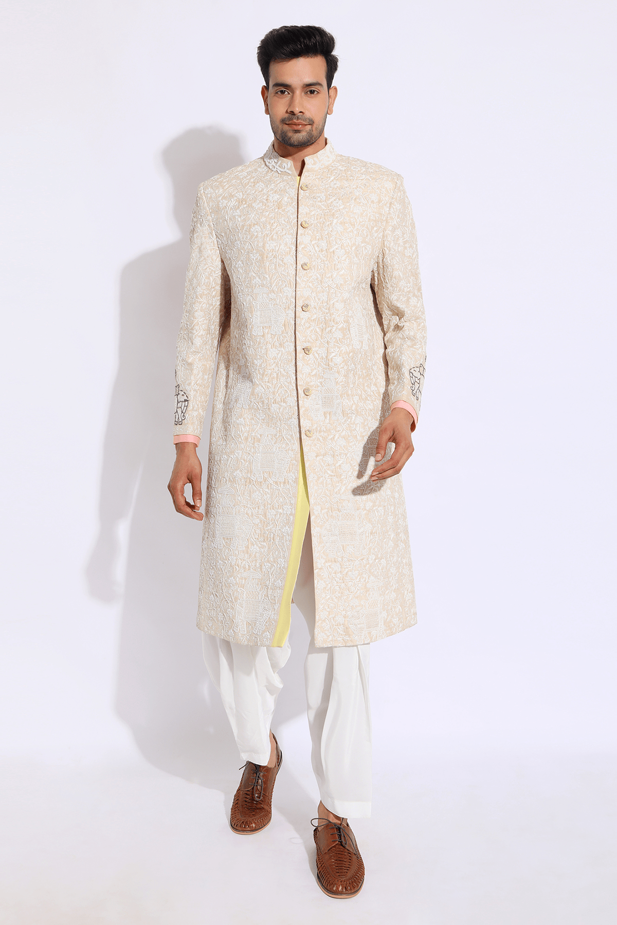 Beige with ivory Embroidery Sherwani Set - Kunal Anil Tanna