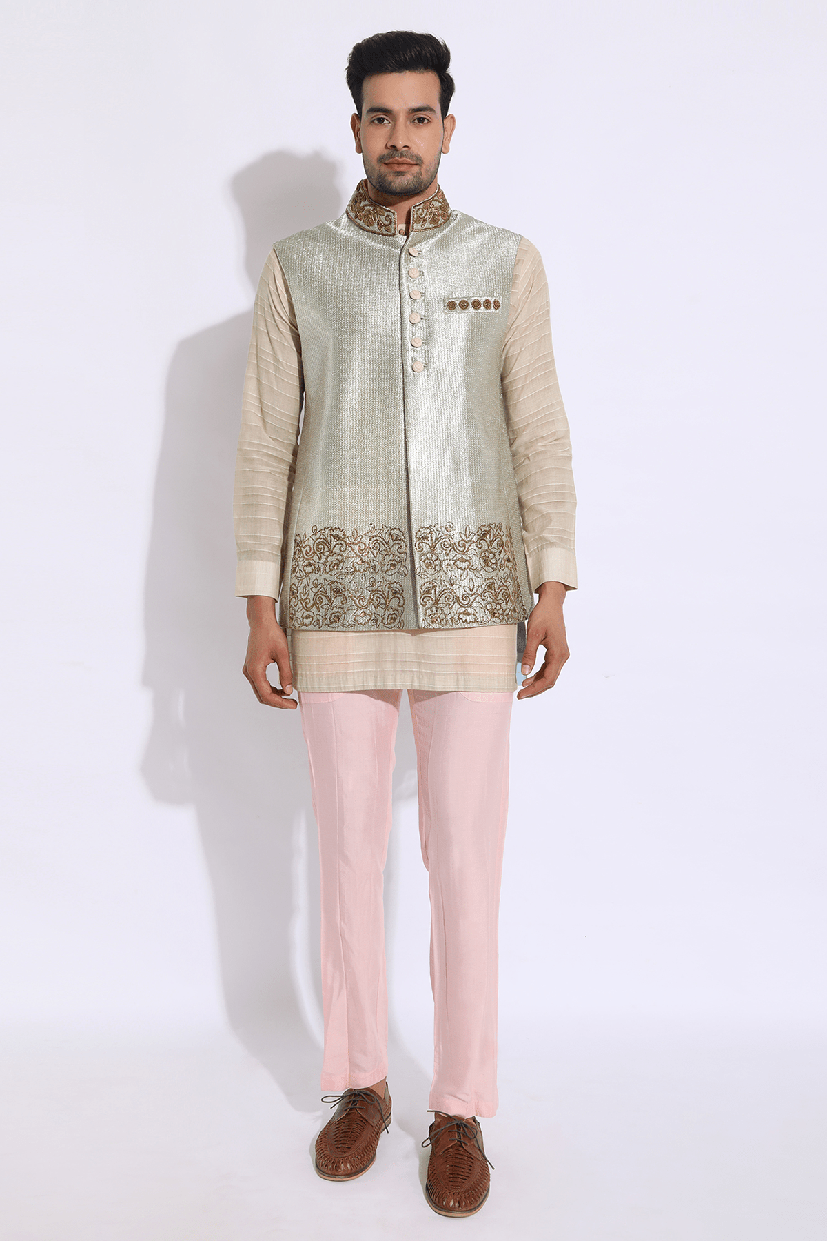 Gold texture with embroidery bandi and ivory kurta with peach aligarhi set - Kunal Anil Tanna