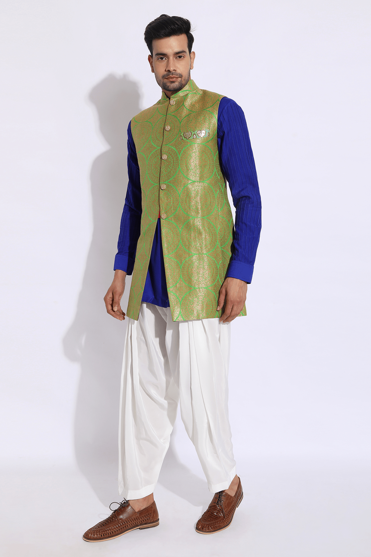 Green and dull gold brocade Jacket - Kunal Anil Tanna