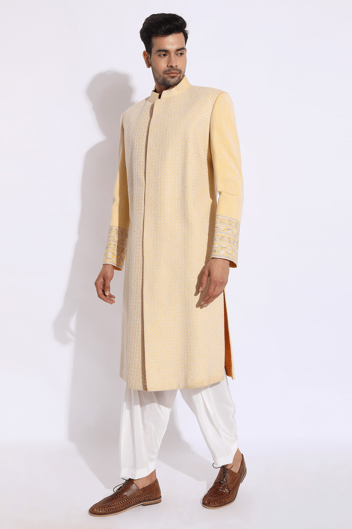 Light Yellow with Ivory Texture Sherwani Set - Kunal Anil Tanna