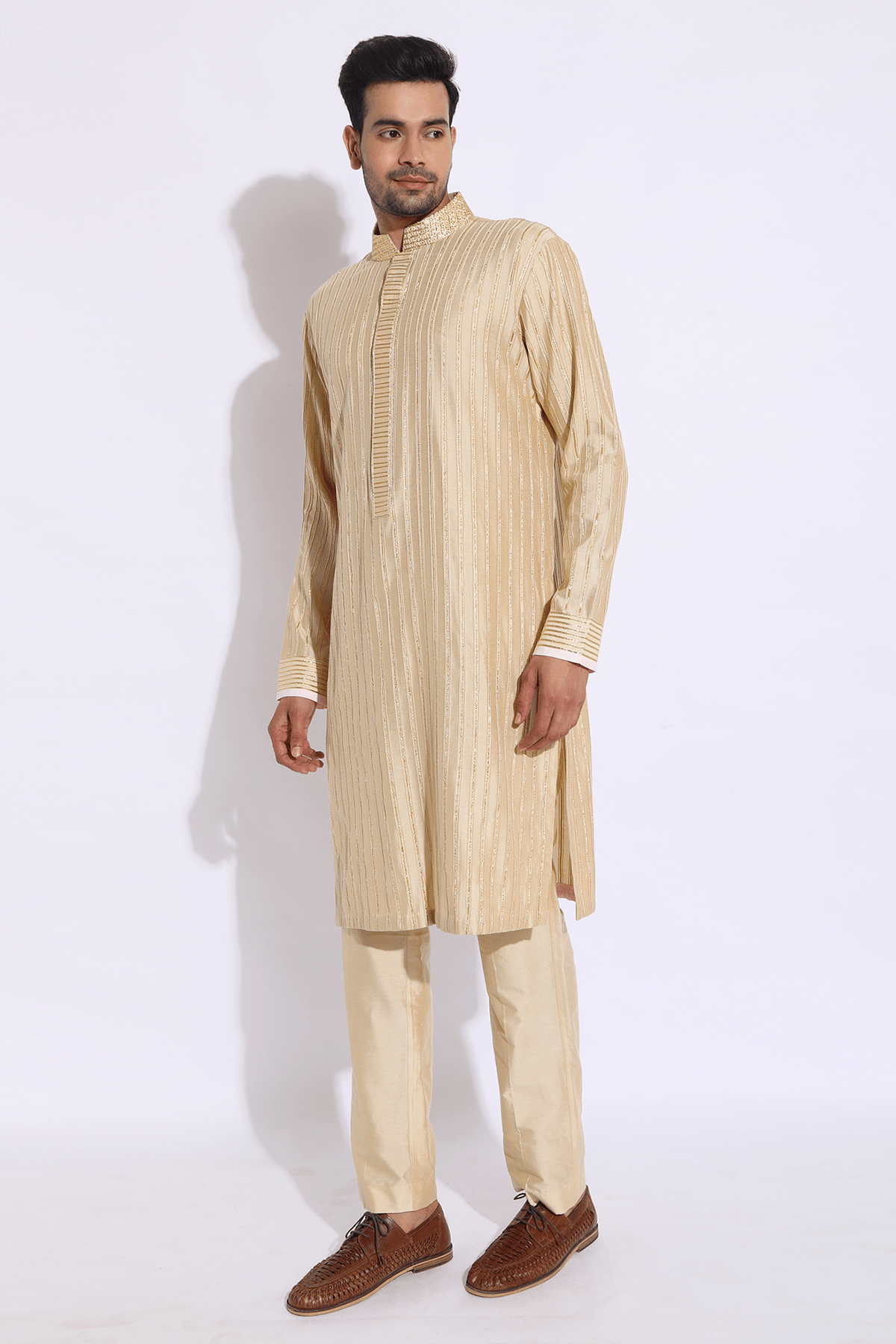 Beige with zari lines Kurta set - Kunal Anil Tanna