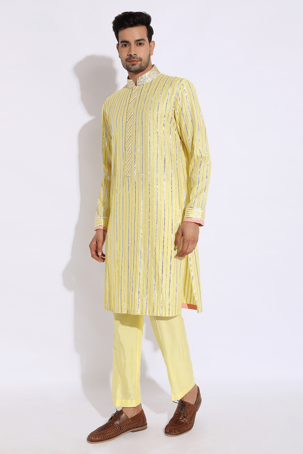 Light yellow with zari lines Kurta set - Kunal Anil Tanna
