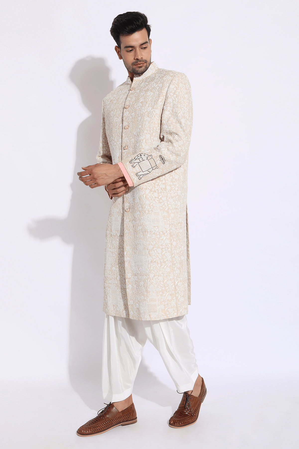 Beige with ivory Embroidery Sherwani Set - Kunal Anil Tanna