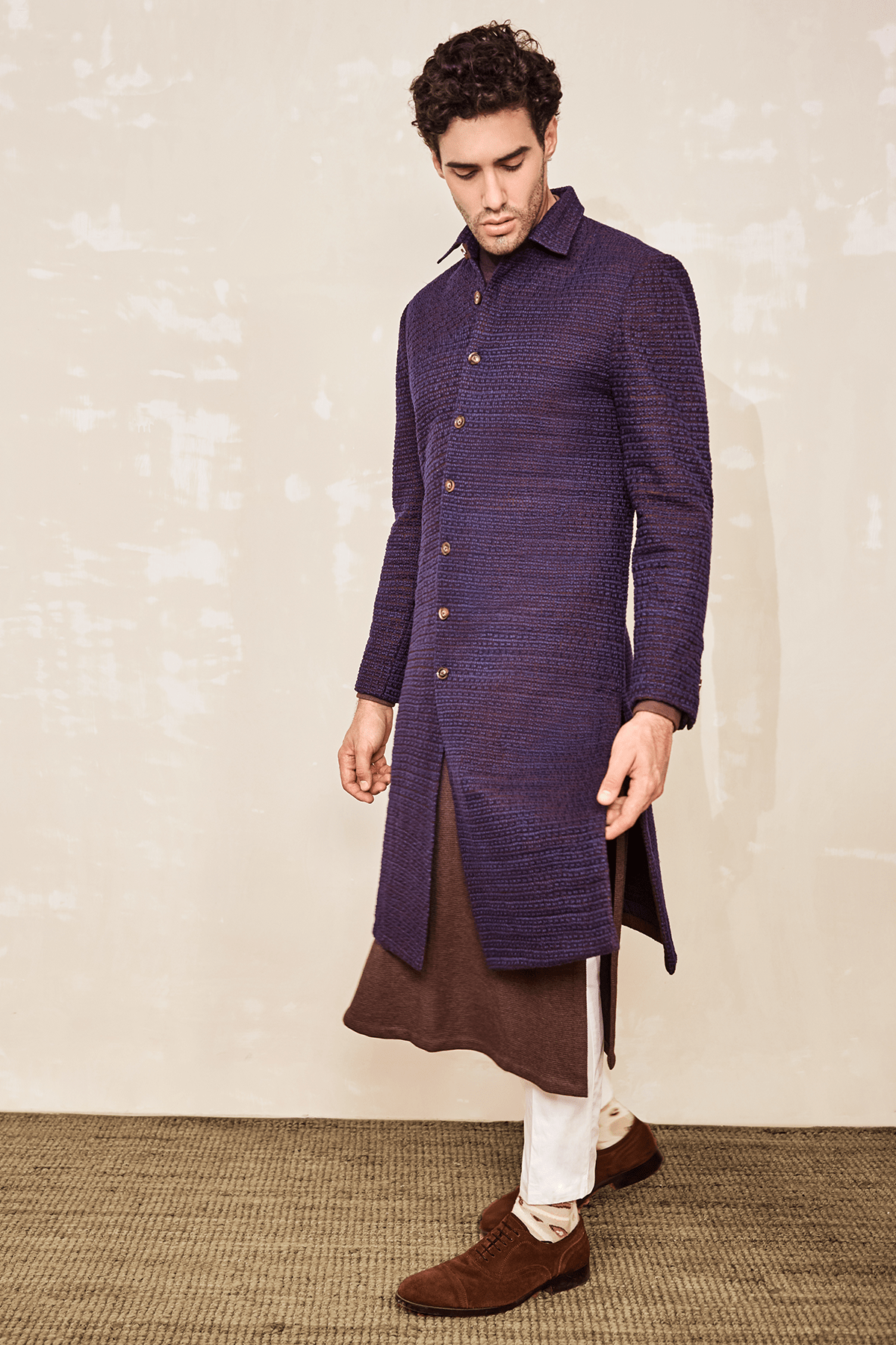 Textured Shacket with Polo Neck Kurta & White Trousers - Kunal Anil Tanna