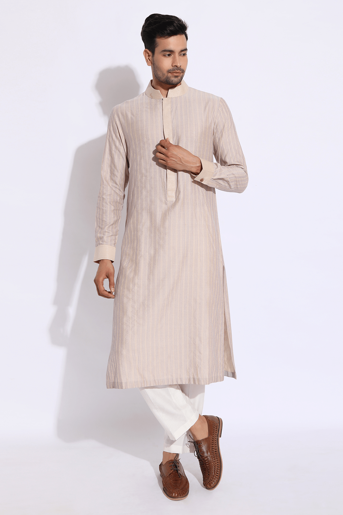 Beige with dark lilac thread texture kurta set - Kunal Anil Tanna