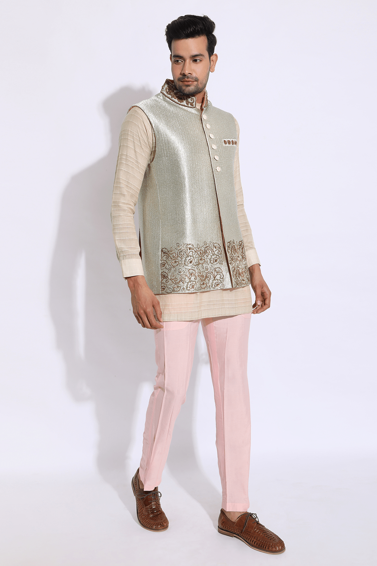 Gold texture with embroidery bandi and ivory kurta with peach aligarhi set - Kunal Anil Tanna
