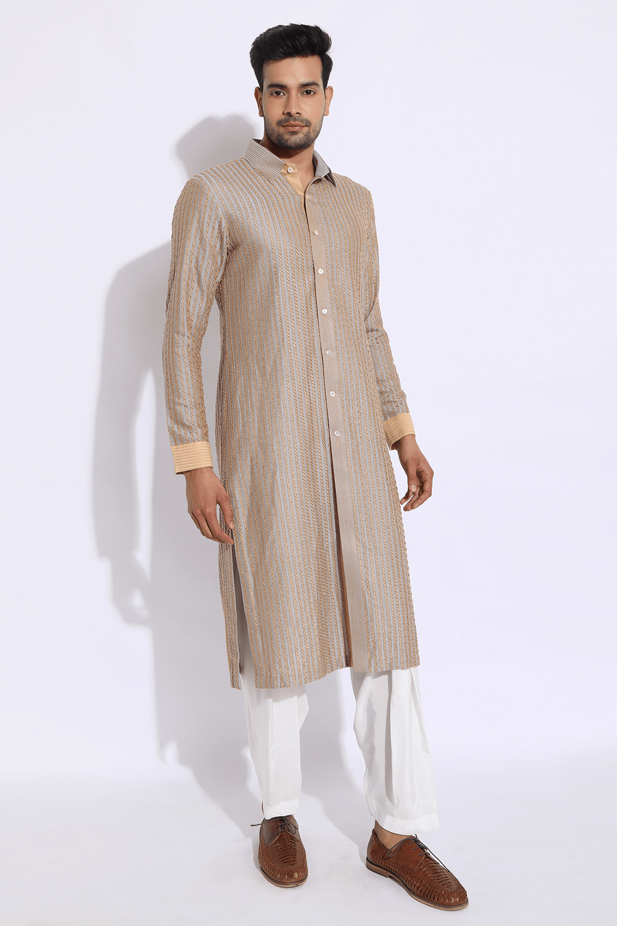 Grey with Beige Thread Texture Kurta Set - Kunal Anil Tanna