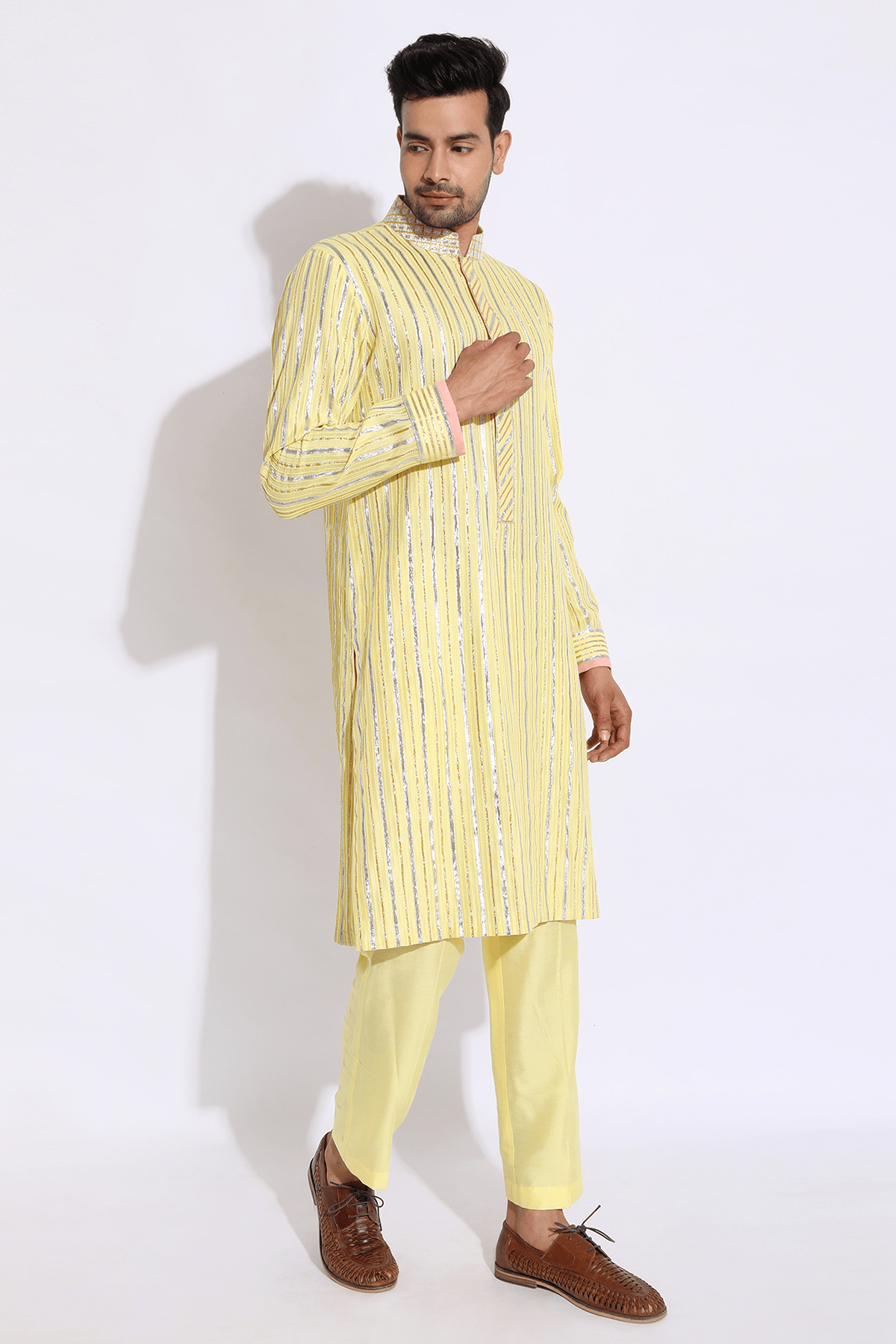 Light yellow with zari lines Kurta set - Kunal Anil Tanna