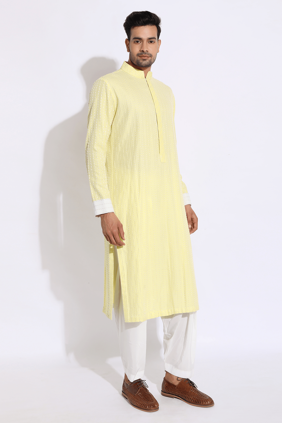 Light yellow with thread texture Kurta Set - Kunal Anil Tanna