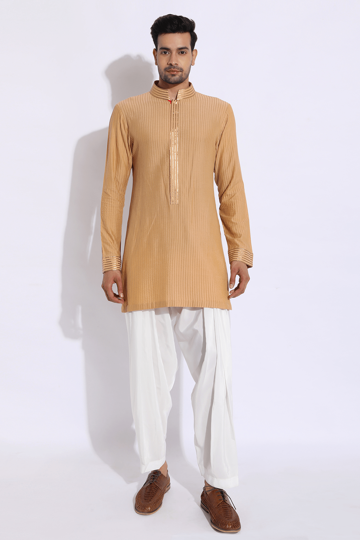 Green brocade bandi jacket with beige kurta set - Kunal Anil Tanna
