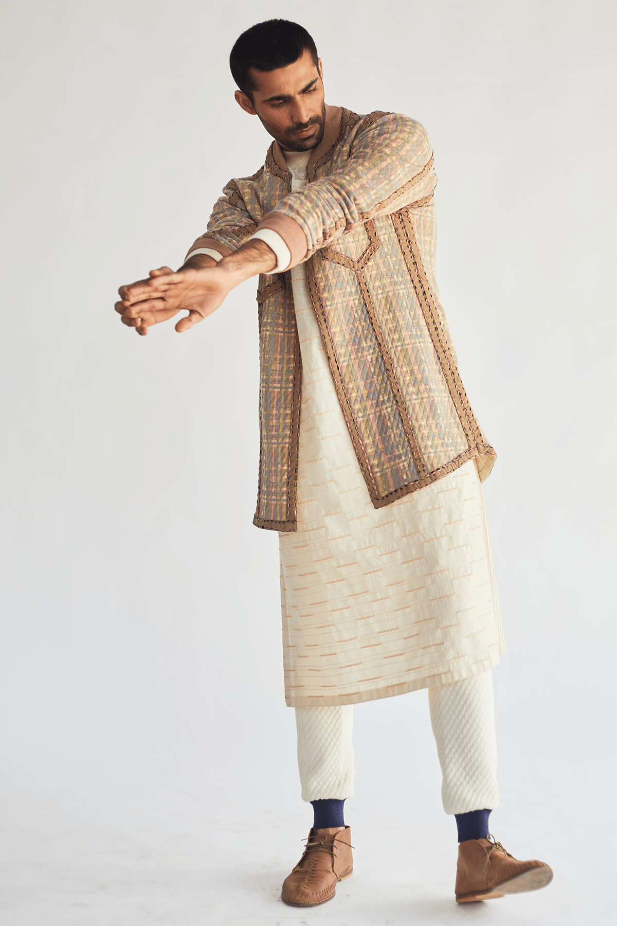 Printed Jacket with Ivory Kurta and Quilted Pants - Kunal Anil Tanna