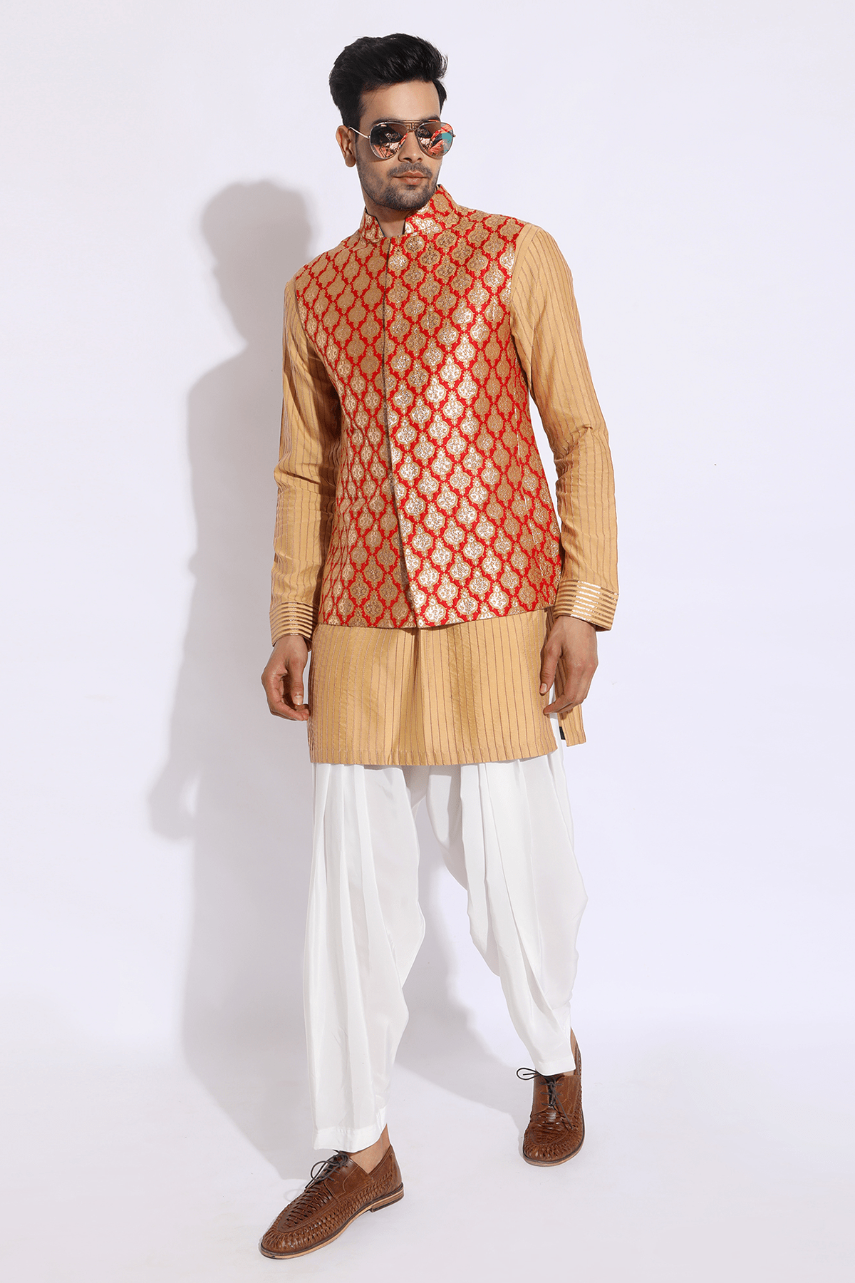 Red brocade bandi jacket with beige kurta set - Kunal Anil Tanna