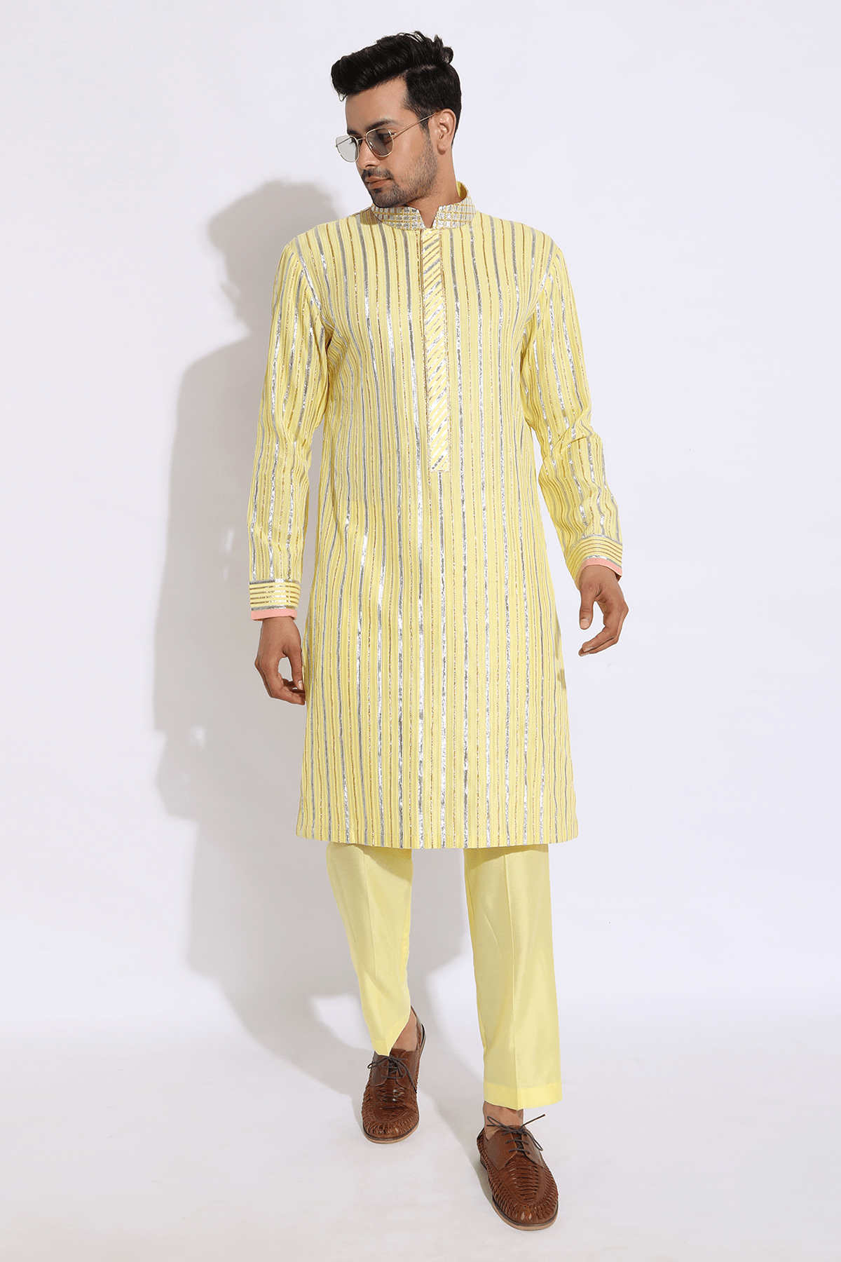 Light yellow with zari lines Kurta set - Kunal Anil Tanna