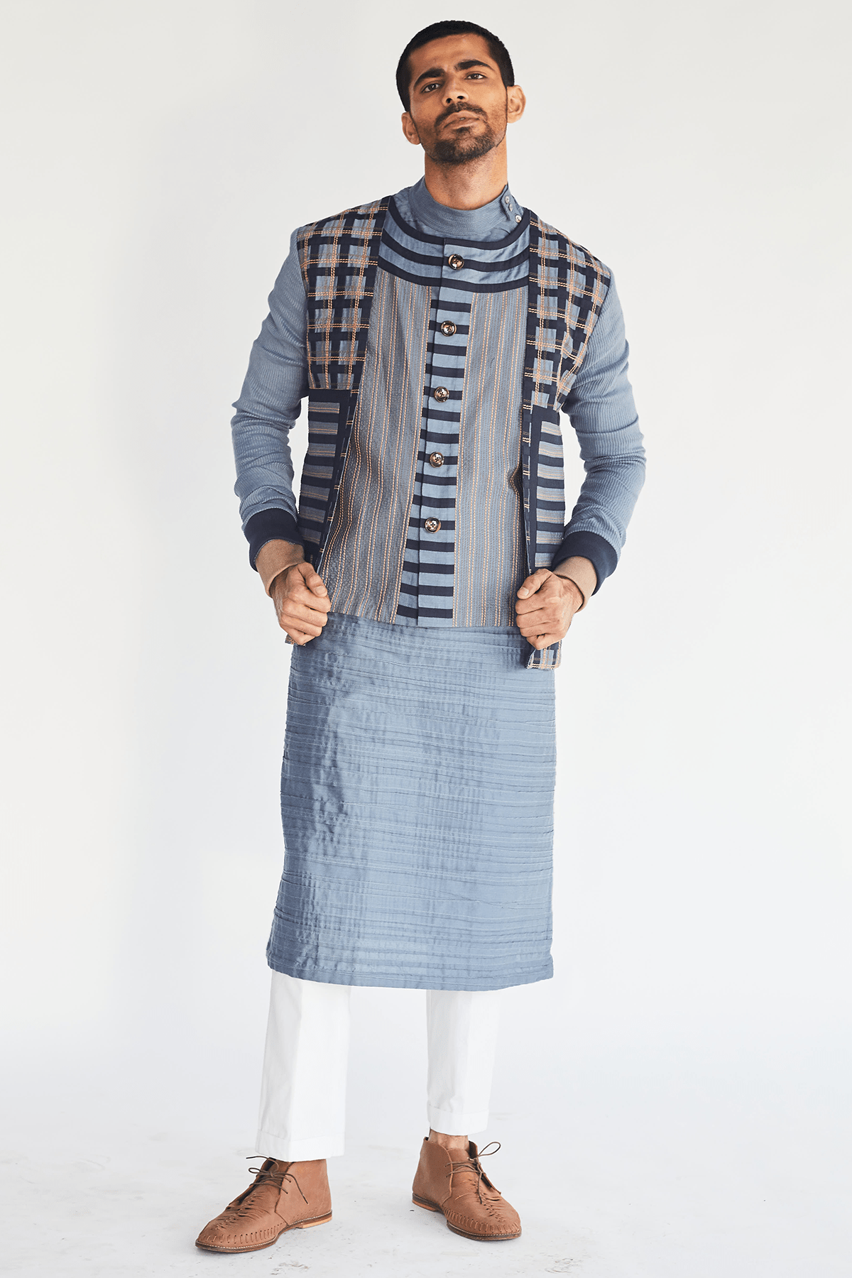 Blue Stripes & Textured Bandi Jacket - Kunal Anil Tanna