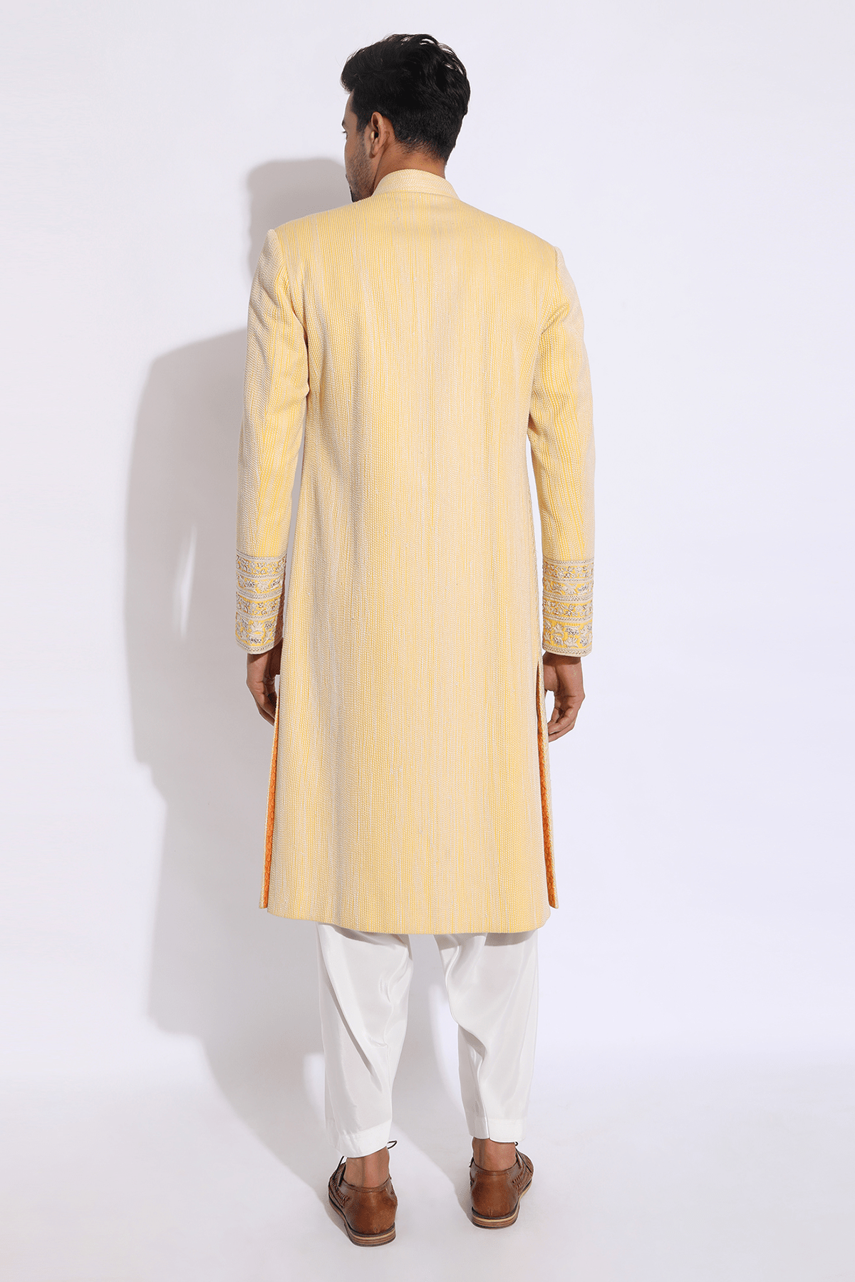 Light Yellow with Ivory Texture Sherwani Set - Kunal Anil Tanna