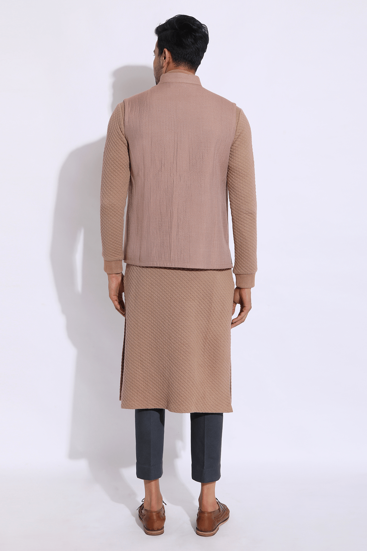 Beige Textured Bandi Jacket with quilted Polo Neck Kurta & Trousers - Kunal Anil Tanna