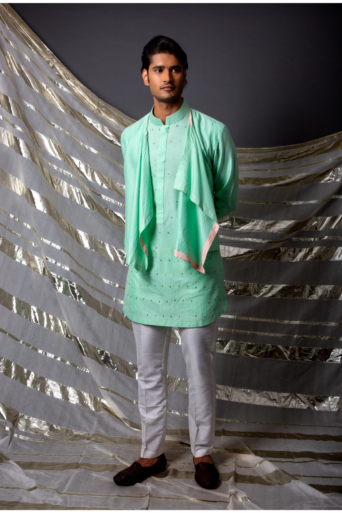 Aqua green textured kurta with layer flaps and off white pants - Kunal Anil Tanna