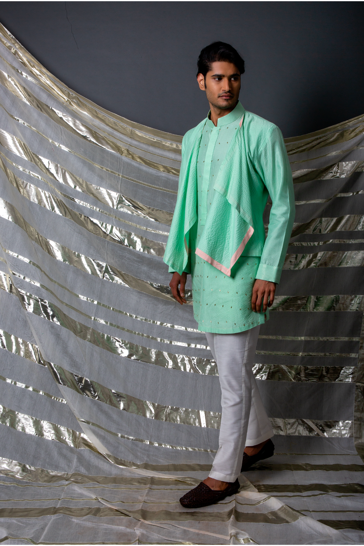 Aqua green textured kurta with layer flaps and off white pants - Kunal Anil Tanna