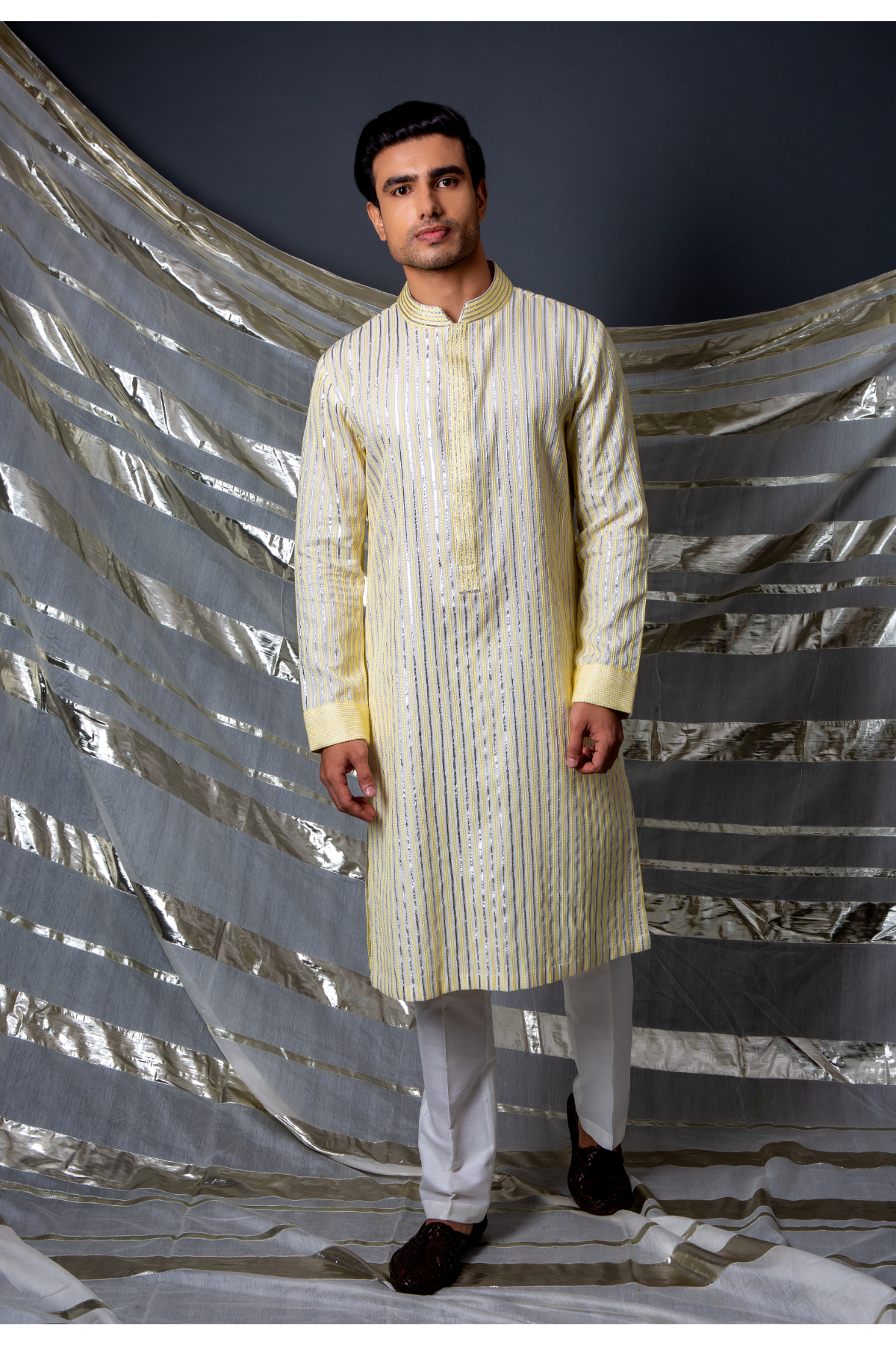 Off white with yellow thread and gotta textured kurta - Kunal Anil Tanna