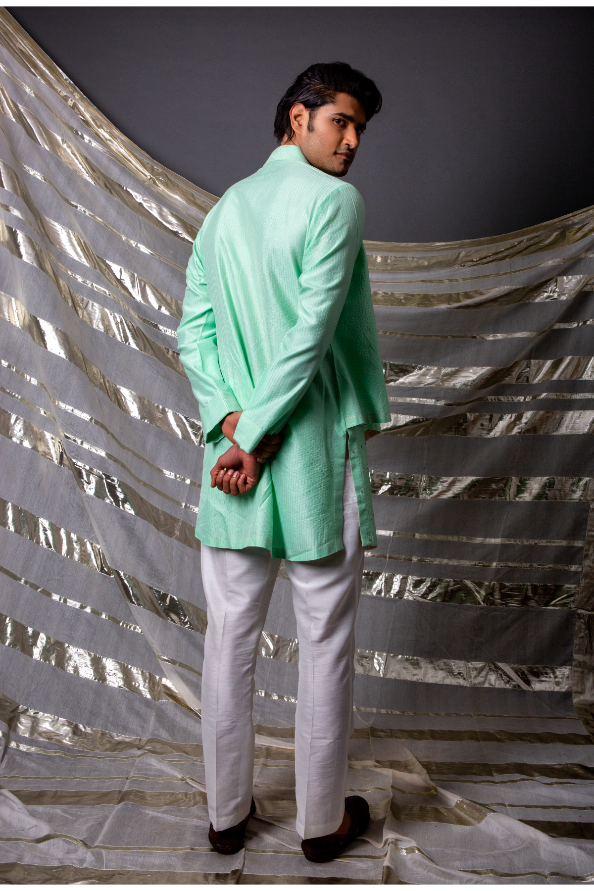 Aqua green textured kurta with layer flaps and off white pants - Kunal Anil Tanna