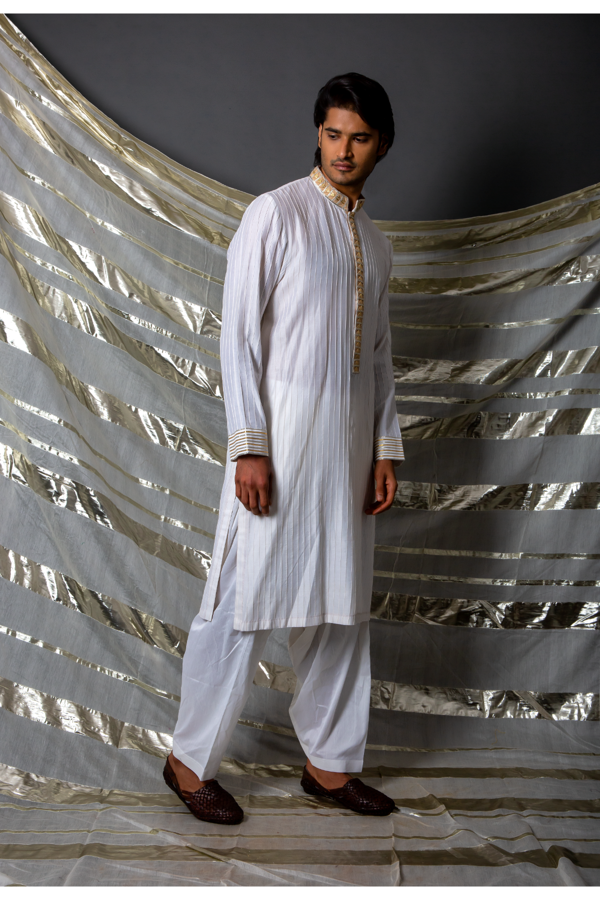 Off white beige thread pintucks kurta with pleating detail set - Kunal Anil Tanna