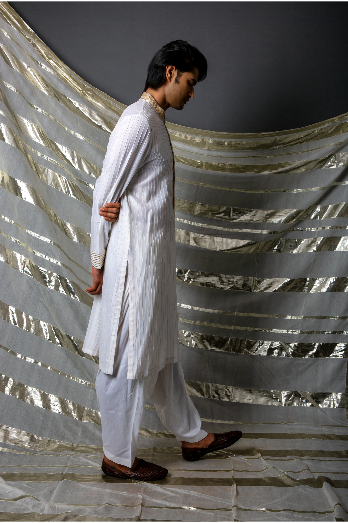 Off white beige thread pintucks kurta with pleating detail set - Kunal Anil Tanna