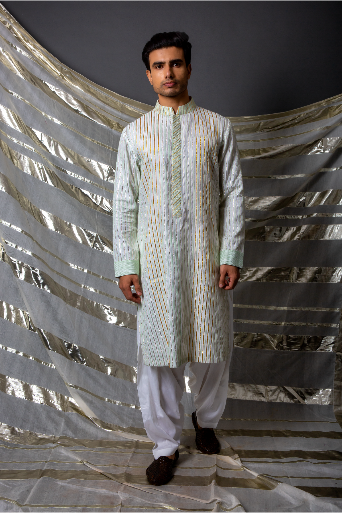 Off white green thread and gotta textured kurta set - Kunal Anil Tanna