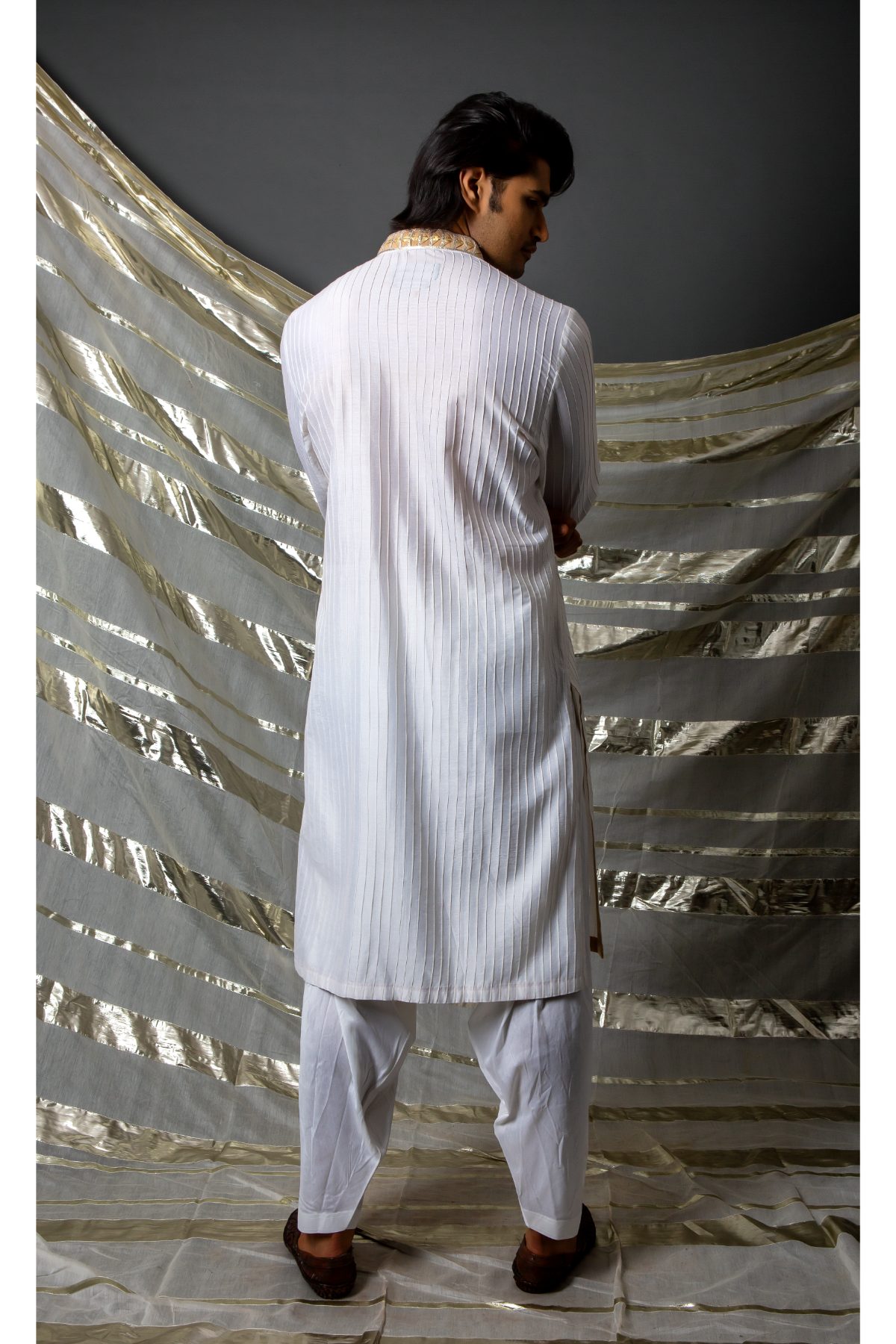 Off white beige thread pintucks kurta with pleating detail set - Kunal Anil Tanna
