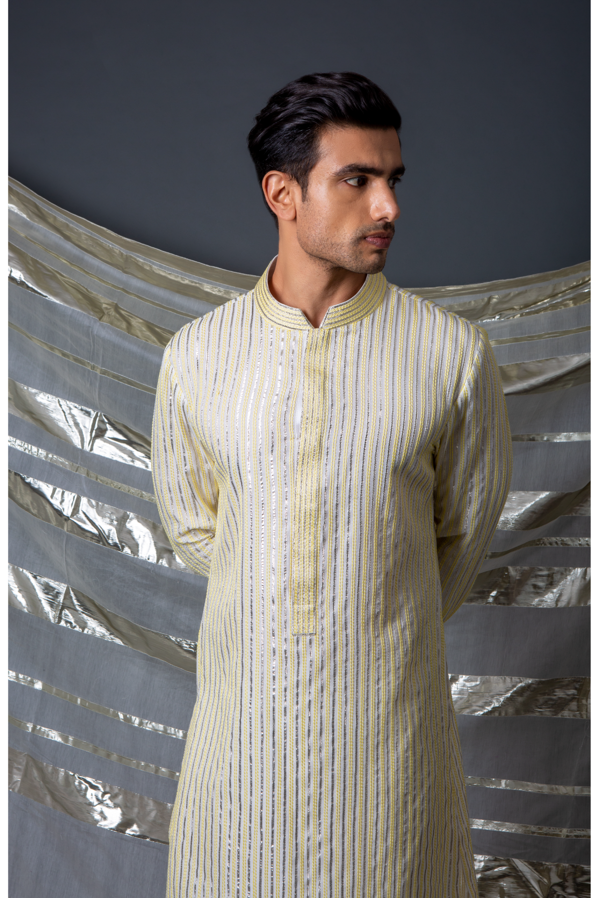 Off white with yellow thread and gotta textured kurta - Kunal Anil Tanna