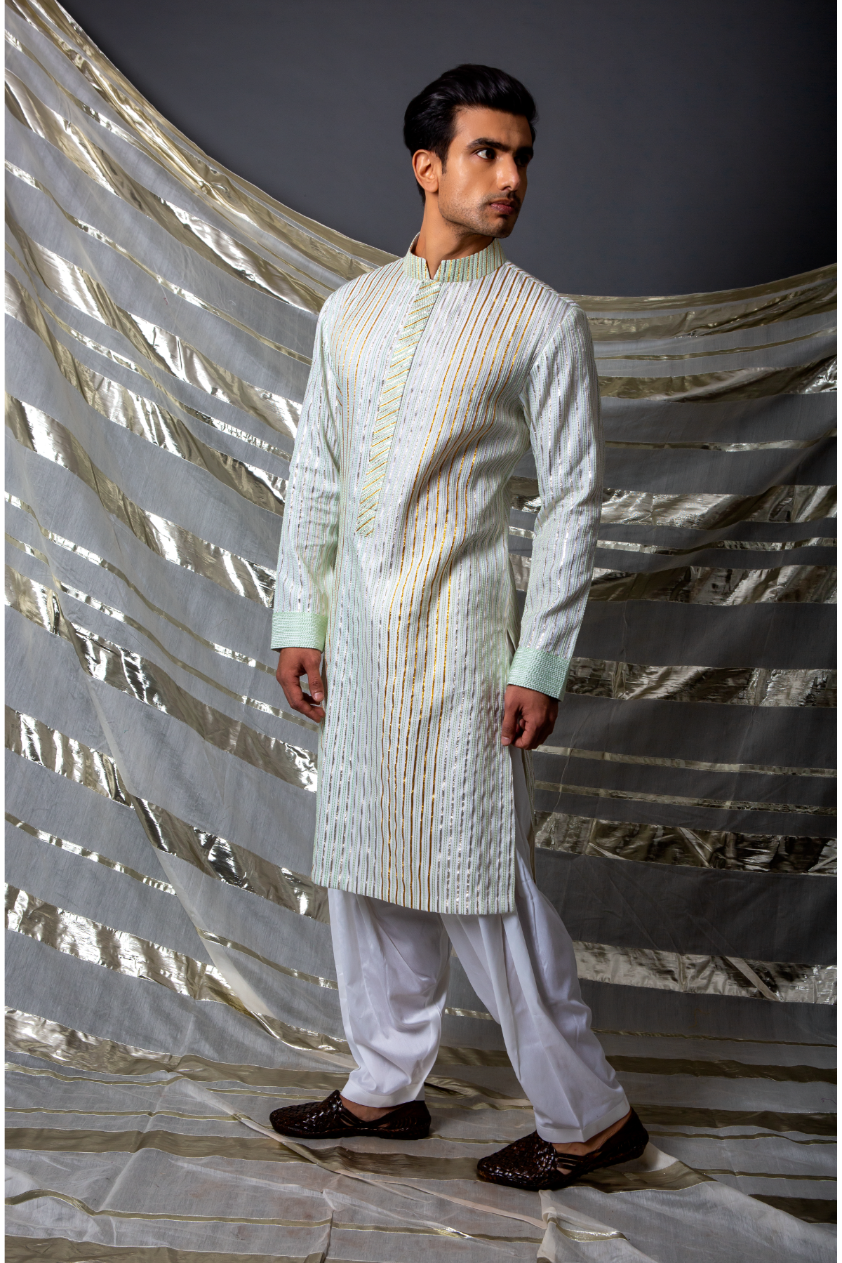 Off white green thread and gotta textured kurta set - Kunal Anil Tanna