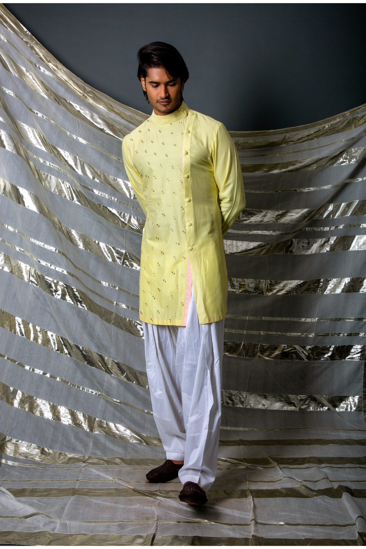 Yellow textured short kurta with off white pants - Kunal Anil Tanna