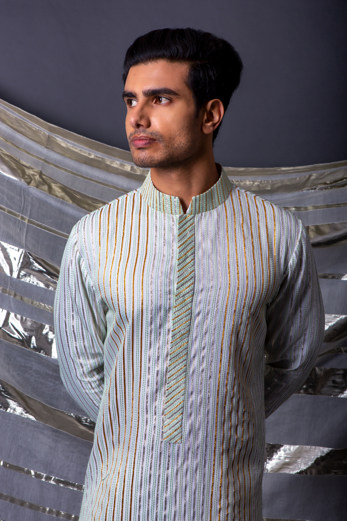 Off white green thread and gotta textured kurta set - Kunal Anil Tanna