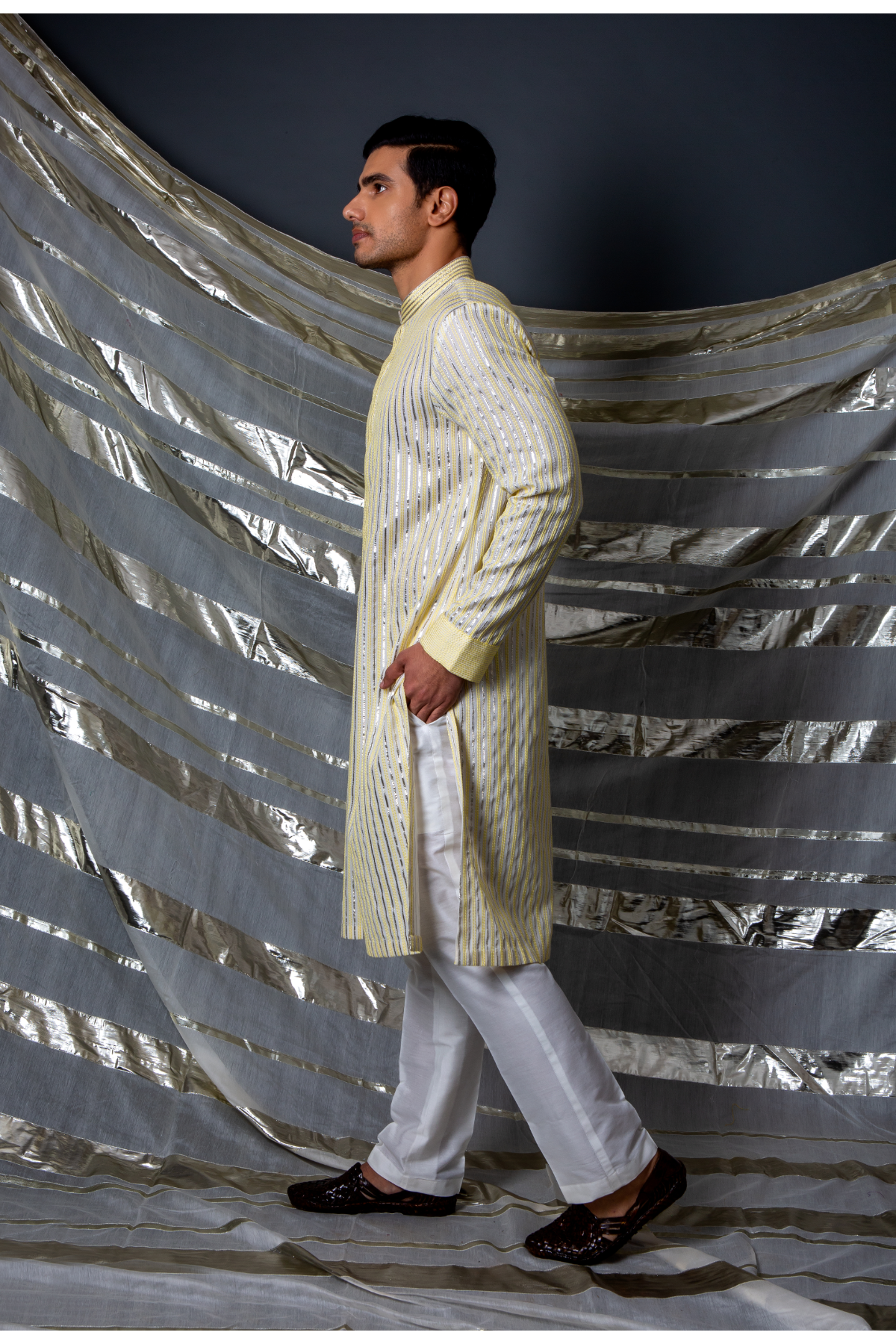 Off white with yellow thread and gotta textured kurta - Kunal Anil Tanna