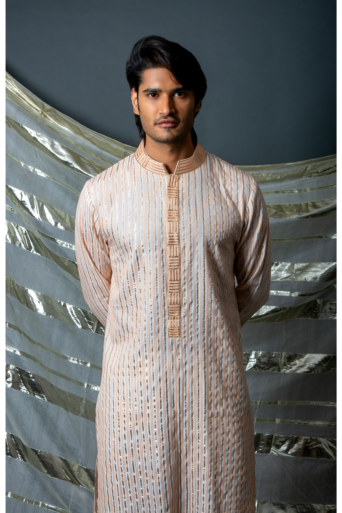 Off white with peach thread and gotta textured kurta set - Kunal Anil Tanna