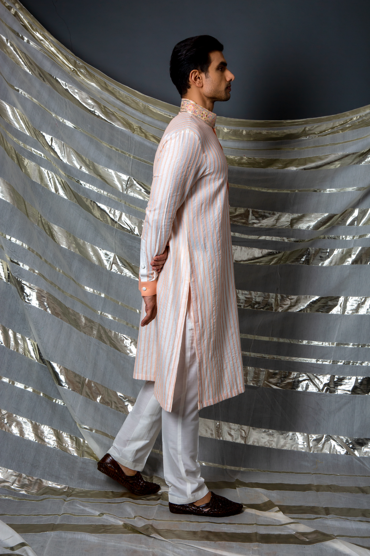 Off white peach thread textured kurta set - Kunal Anil Tanna