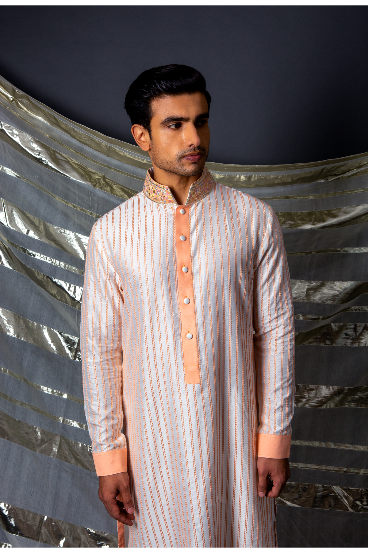 Off white peach thread textured kurta set - Kunal Anil Tanna
