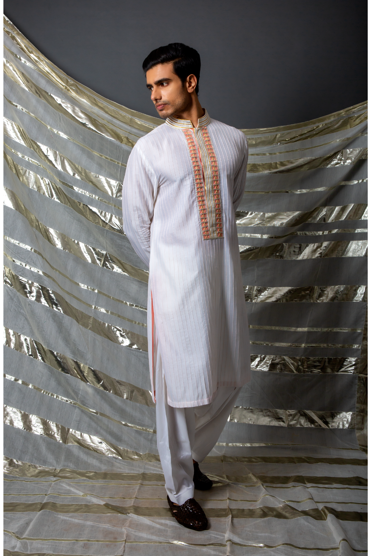 Off white peach thread pintucks kurta with pleating detail set - Kunal Anil Tanna