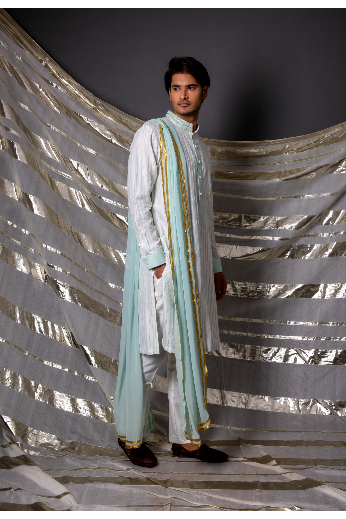 Off white blue textured kurta set - Kunal Anil Tanna