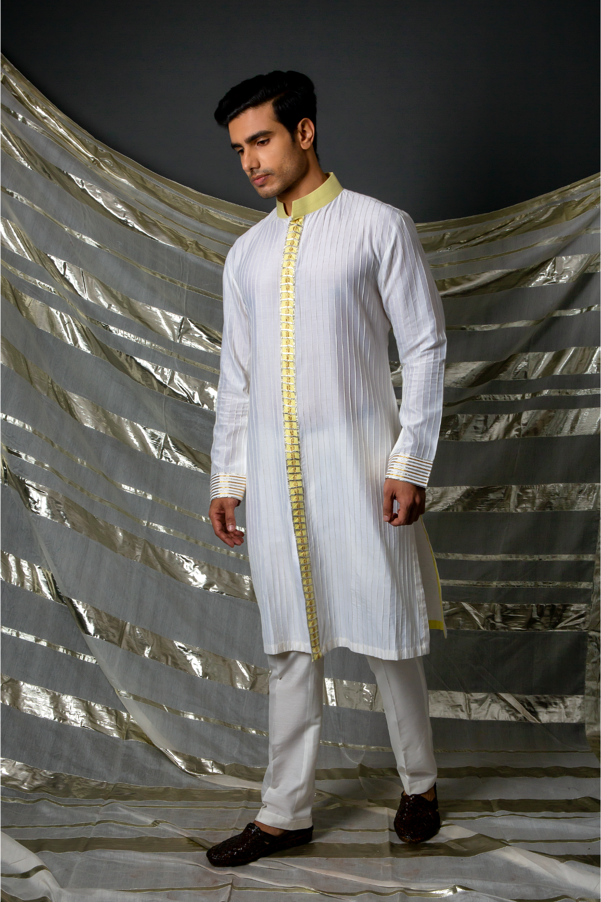 Off white yellow thread pintucks kurta with pleating detail set - Kunal Anil Tanna