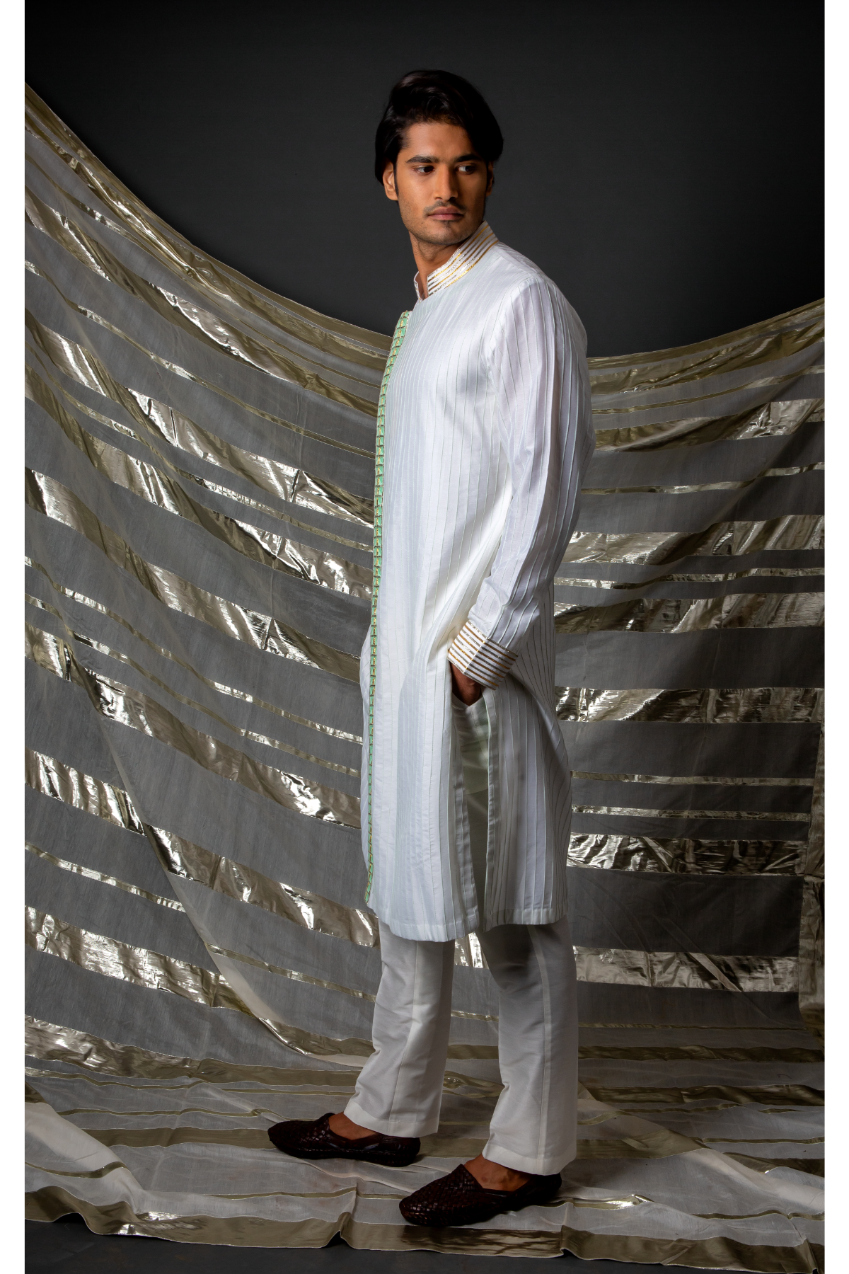 Off white green thread pintucks kurta with pleating detail set - Kunal Anil Tanna