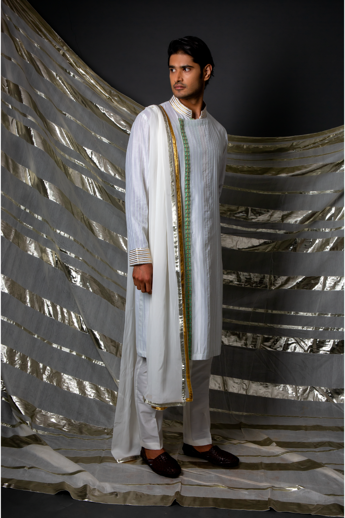 Off white green thread pintucks kurta with pleating detail set - Kunal Anil Tanna